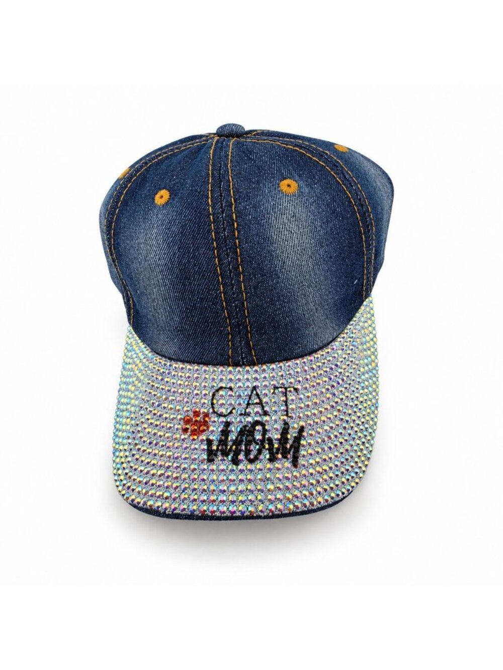 Cat Mom Rhinestone Bling Denim Baseball Cap Adjustable NWT